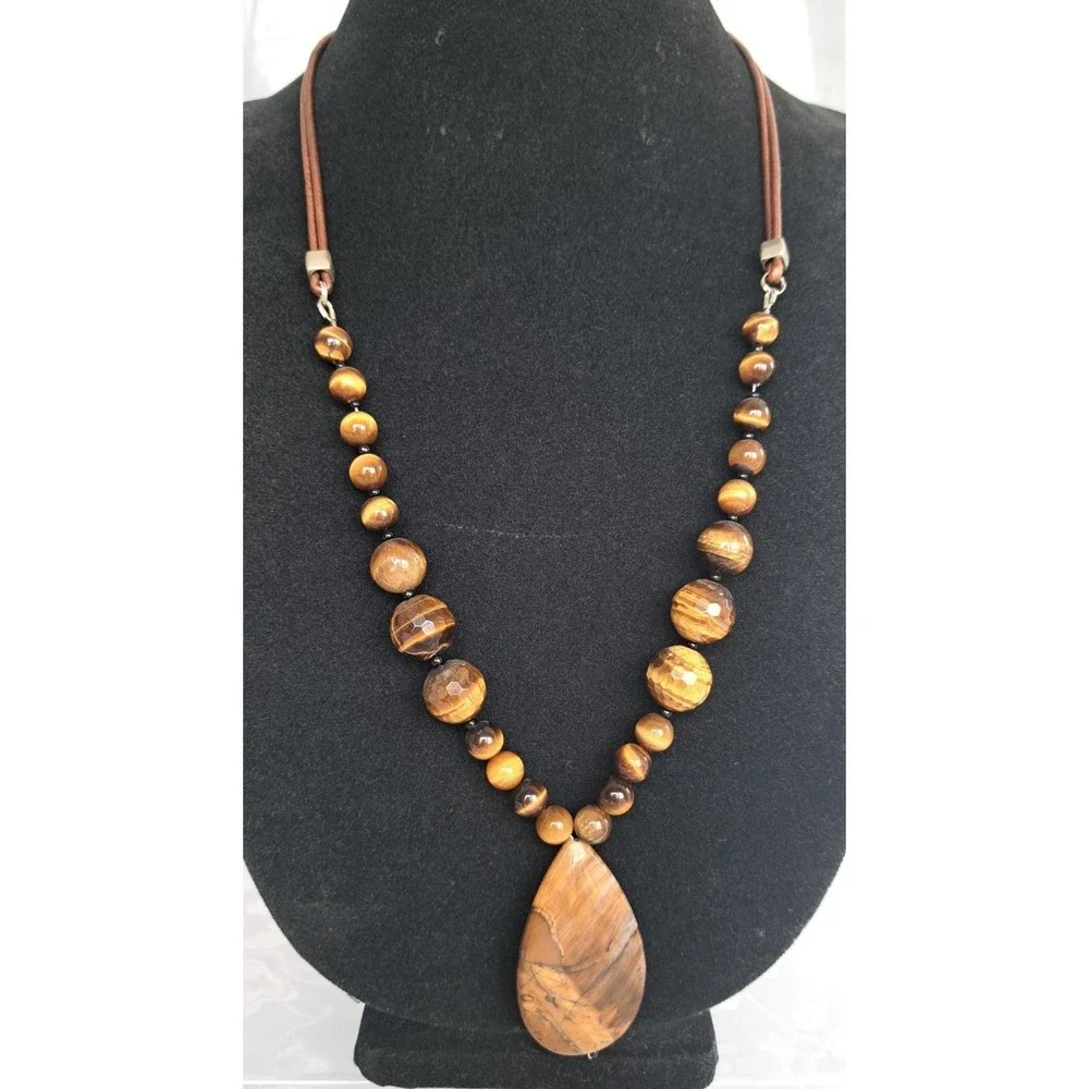 Fashion Jewelry Necklace Gemstone Tiger's Eye With Pendant Leather Cord